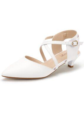 Women's White Classic Comfortable Pointed Toe Ankle Strap Kitten Low Heels Shoes